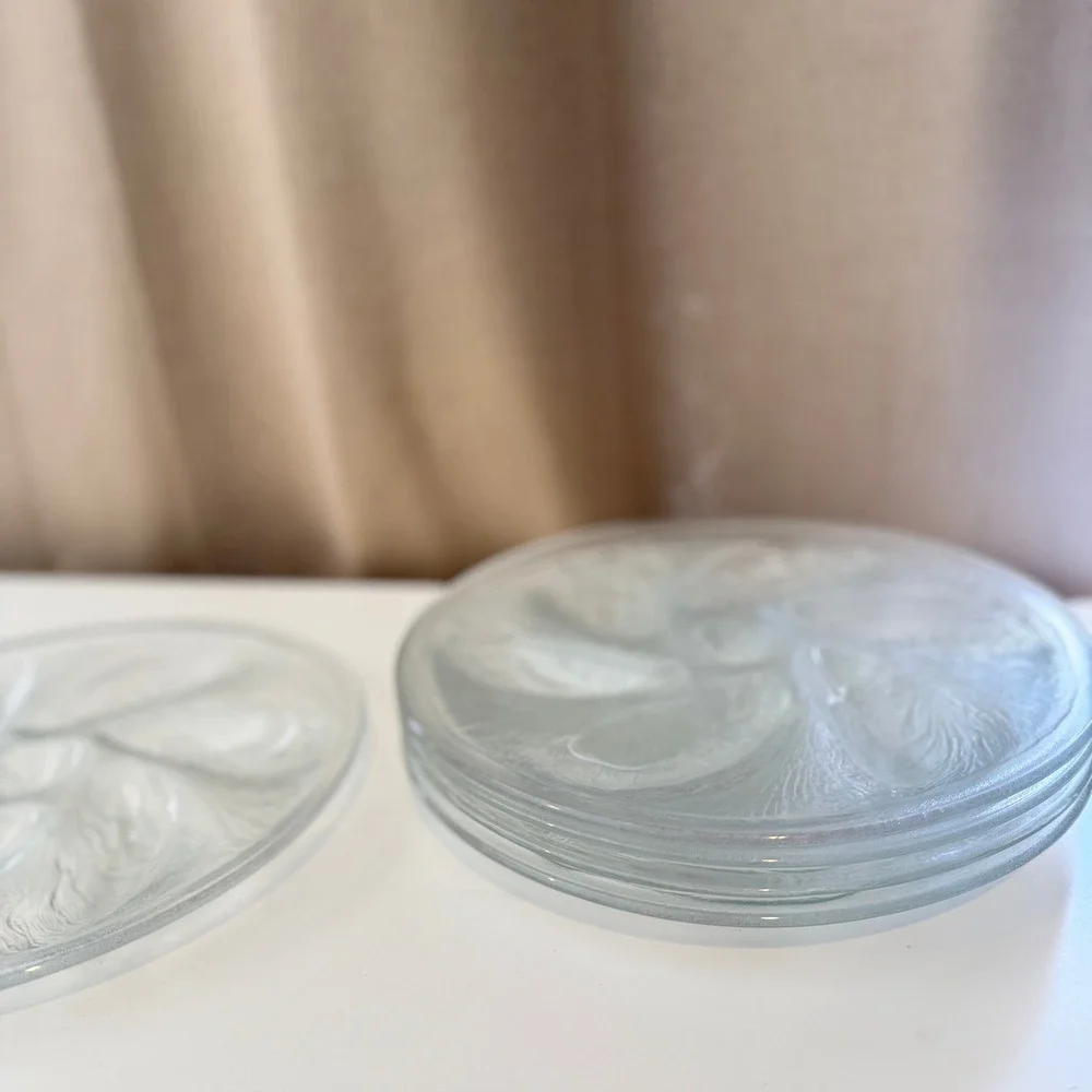 Set of 5 Vintage Clear Glass Oyster Plates Embossed Shell Design Coastal Decor